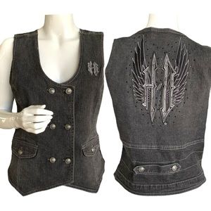 HARLEY DAVIDSON WINGED LOGO CHARCOAL DENIM VEST. WOMEN’S SIZE LARGE